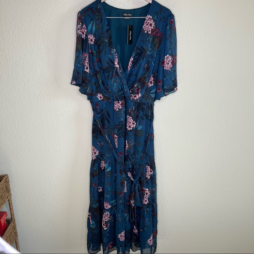 City Chic Maxi Dress Botanica Peacock Teal Blue Ruffle Flutter Sleeve - Picture 4 of 10
